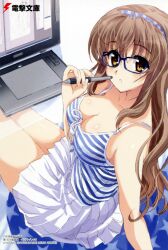  adobe_photoshop bad_link blush breasts brown_eyes brown_hair camisole cleavage computer drawing_tablet female glasses hairband headband highres large_breasts long_hair nogizaka_haruka nogizaka_haruka_no_himitsu open_mouth shaa sitting skirt solo stylus 