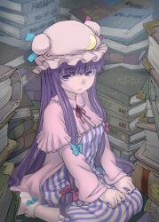  bad_id bad_pixiv_id book bow colored_eyelashes crescent dress eyelashes female hairbow hat long_hair patchouli_knowledge photoshop_(medium) purple_eyes purple_hair ribbon sitting socks solo touhou very_long_hair wait8 wariza 