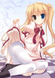  blonde_hair boots clothes_lift commentary_request eyepatch female heterochromia kazamatsuri_institute_high_school_uniform long_hair nakatsu_shizuru panties panties_under_pantyhose pantyhose rewrite school_uniform skirt skirt_lift solo striped_clothes striped_panties thighband_pantyhose twintails underwear unworn_eyepatch white_pantyhose yukie_(peach_candy) 