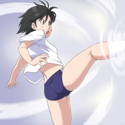  ass bare_legs black_hair blue_buruma buruma commentary_request female gym_uniform idolmaster idolmaster_(classic) kicking kikuchi_makoto midriff photoshop_(medium) short_hair solo toshifumi wind wind_lift 