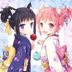  2girls akemi_homura alternate_costume alternate_hairstyle animal_ears bad_id bad_pixiv_id black_hair blush candy_apple cat_ears commentary_request flower food hair_bun hair_flower hair_ornament japanese_clothes kaname_madoka kanzashi kemonomimi_mode kimono looking_at_viewer mahou_shoujo_madoka_magica mahou_shoujo_madoka_magica_(anime) multiple_girls nyanya obi obiage obidome obijime open_mouth photoshop_(medium) pink_eyes pink_hair ponytail purple_eyes sash single_hair_bun smile water_yoyo 