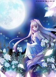  archetype_earth arcueid_brunestud bare_shoulders blonde_hair commentary_request detached_sleeves dress female fence flower from_behind full_moon highres huge_moon iron_fence kaho_okashii long_hair moon night photoshop_(medium) red_eyes rose skirt_hold solo strapless strapless_dress tsukihime very_long_hair white_flower white_rose 