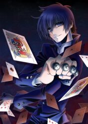  1boy ace_(playing_card) ace_of_spades armband bad_id bad_pixiv_id card clenched_hand eight_of_hearts evil_grin evil_smile five_of_diamonds floating_card foreshortening gakuran grin highres joker_(playing_card) kumagawa_misogi male_focus medaka_box nuruhachi_(honki) playing_card school_uniform screw smile solo spade_(shape) three_of_clubs 