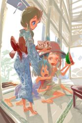  12_(xaenedju) 3girls absurdres barefoot blue_eyes blue_hair bow cirno commentary food frog fruit glasses green_hair hair_ornament highres japanese_clothes kimono kochiya_sanae moriya_suwako multiple_girls open_mouth smile tatami touhou tray watermelon wind_chime 