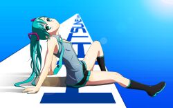  aqua_eyes aqua_hair arm_support bare_arms commentary_request female from_side hatsune_miku highres kuro-kun_(nablack) long_hair miniskirt necktie photoshop_(medium) sitting skirt smile socks solo twintails vocaloid 