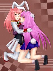  2girls aneogyps animal_ears blazer blush boots chiester45 chiester_sisters crossover jacket long_hair multiple_girls pink_hair purple_hair rabbit_ears rabbit_tail red_eyes reisen_udongein_inaba showgirl_skirt skirt tail thigh_boots thighhighs touhou trait_connection twintails umineko_no_naku_koro_ni yuri 