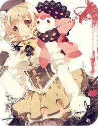  bad_id bad_pixiv_id beret blonde_hair charlotte_(madoka_magica) cut-here_line detached_sleeves dotted_line drill_hair female fingerless_gloves gloves hair_ornament hat magical_girl mahou_shoujo_madoka_magica mahou_shoujo_madoka_magica_(anime) mono_(freerotary) photoshop_(medium) pleated_skirt puffy_sleeves ribbon scissors skirt solo_focus striped_clothes striped_thighhighs thighhighs tomoe_mami tomoe_mami_(magical_girl) twin_drills twintails vertical-striped_clothes vertical-striped_thighhighs yellow_eyes 