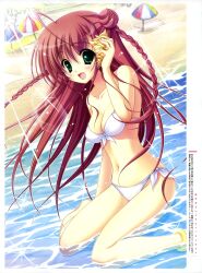  :d absurdres ahoge anklet bandeau beach beach_umbrella bikini blush braid breasts cleavage copyright_request female front-tie_top green_eyes highres jewelry medium_breasts midriff mitsui_mana navel open_mouth partially_submerged red_hair seashell shell shell_to_ear side-tie_bikini_bottom sitting smile solo swimsuit tetrapod twin_braids umbrella wariza water white_bikini 