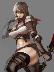  armor asanuma bad_id bad_pixiv_id blade blonde_hair breasts brown_eyes fantasy_earth fantasy_earth_zero female fingerless_gloves gloves large_breasts long_hair midriff navel photoshop_(medium) scout_(fantasy_earth) scout_(grenadier_outfit)_(fantasy_earth_zero) simple_background solo thighhighs 