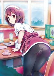  ass bent_over black_pantyhose bow brown_eyes brown_hair commentary_request cover cover_page crotch_seam cup doujin_cover female from_behind hair_ornament hairclip hirasawa_yui k-on! kashi looking_back panties panties_under_pantyhose pantyhose plant plate solo table teapot thigh_gap trefoil underwear upskirt waitress window 