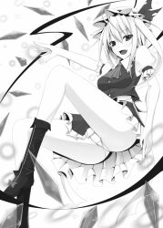  akitsuki_karasu ascot boots commentary_request fangs female flandre_scarlet frills greyscale hat legs long_legs monochrome open_mouth panties pantyshot skirt smile solo thighs touhou underwear upskirt wings 