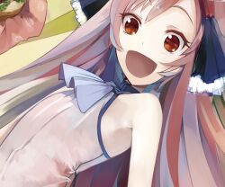  :d ascot bare_shoulders commentary_request dutch_angle female flat_chest hair_ribbon long_hair looking_at_viewer open_mouth orange_eyes parted_bangs pink_hair pupps ribbon sf-a2_miki sleeveless smile solo turtleneck upper_body very_long_hair vocaloid 