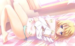  barefoot bed blonde_hair blush charlotte_dunois commentary_request feet female hitoguchi_(hioxhio) hugging_object indoors infinite_stratos long_legs lying on_bed panties pillow pillow_hug purple_eyes shirt solo striped_clothes striped_panties underwear white_shirt window 