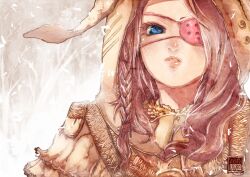  animal_ears bad_id bad_pixiv_id blue_eyes braid colored_eyelashes eyepatch faux_traditional_media female hood ian_olympia lips original pink_hair rabbit_ears short_hair side_braid solo upper_body 