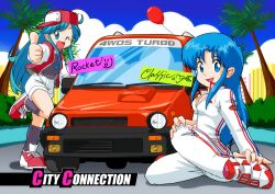  2girls 80s balloon baseball_cap blue_eyes blue_hair breasts car city_connection cleavage game hat jaleco long_hair motor_vehicle multiple_girls nes oldschool palms race_suit racing_suit rocket_(city_connection) shorts smile thumbs_up thums_up vehicle wink 