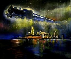  aura aurora bad_id bad_pixiv_id city city_lights cityscape ferris_wheel flying_train ginga_tetsudou_no_yoru locomotive night night_sky no_humans non_(pixiv_1547424) ocean oil_painting_(medium) painting_(medium) reflection scenery sky star_(sky) starry_sky steam_locomotive traditional_media train 