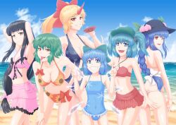  6+girls alternate_hairstyle armpits arms_up back bare_shoulders beach bikini black_hair blonde_hair blue_hair braid breasts casual_one-piece_swimsuit cirno cleavage commentary_request cup day food fruit hair_bobbles hair_ornament hanging_breasts hat hinanawi_tenshi holding horns hoshiguma_yuugi houraisan_kaguya kawashiro_nitori kazami_yuuka large_breasts leaning_forward long_hair multiple_girls nazal one-piece_swimsuit peach photoshop_(medium) sakazuki short_hair single_braid single_horn swimsuit thong_bikini touhou two_side_up v very_long_hair 