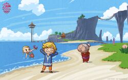  1boy 2011 3girls alternate_costume anniversary arms_behind_back arms_behind_head aryll beach bird bridge cliff closed_eyes cloud crab day grass grin hair_bun hanging_bridge highres horizon house island jar link link&#039;s_grandma lookout_platform multiple_girls object_on_head ocean official_art official_wallpaper outdoors outset_island palm_tree pig pointy_ears seagull short_twintails single_hair_bun smile sue-belle the_legend_of_zelda the_legend_of_zelda:_the_wind_waker toon_link tree twintails wading water 