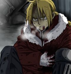  1boy ahoge bad_id bad_pixiv_id bleeding blonde_hair blood edward_elric fullmetal_alchemist fur_trim gloves male_focus mitsu_yomogi solo yellow_eyes 