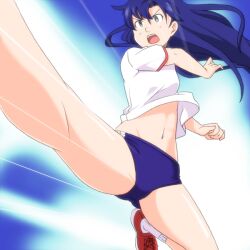  blue_buruma blue_hair buruma clothes_lift commentary_request female flying_kick gym_uniform idolmaster idolmaster_(classic) kicking kisaragi_chihaya long_hair midriff navel photoshop_(medium) shirt_lift solo toshifumi wind wind_lift 