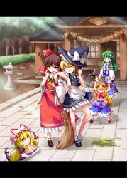  +_+ 5girls ^_^ annoyed arm_on_another&#039;s_shoulder ascot bamboo_broom bare_legs belt blonde_hair blush bobby_socks bottle bow box breast_hold breasts broom brown_eyes brown_hair chains cleavage closed_eyes commentary_request detached_sleeves donation_box dress frog gap_(touhou) green_hair grin hair_tubes hairbow hakurei_reimu hakurei_shrine hat highres horn_ornament horn_ribbon horns ibuki_suika kirisame_marisa kochiya_sanae leaning letterboxed mary_janes medium_breasts momojiri_aya multiple_girls oerba_yun_fang orange_hair purple_eyes ribbon rope shimenawa shoes shrine skirt smile snake socks stone_lantern thumbs_up touhou white_legwear yakumo_yukari yellow_eyes 