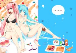  2girls anklet barefoot bikini blue_eyes blue_hair blush breasts brush cleavage commentary_request doughnut emoticon feeding feet food hairband hatsune_miku heart jewelry large_breasts leaning long_hair megurine_luka mouth_hold multiple_girls nail_polish navel nuko_(mikupantu) photoshop_(medium) pink_hair pocky side-tie_bikini_bottom sitting striped_bikini striped_clothes swimsuit toenail_polish toenails twintails vocaloid 