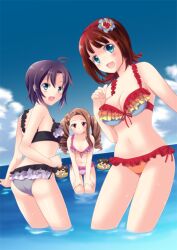  5girls amami_haruka bikini black_hair brown_hair commentary_request flipped_hair frilled_bikini frills futami_ami futami_mami green_eyes idolmaster idolmaster_(classic) idolmaster_2 kikuchi_makoto long_hair looking_back minase_iori mizushima_aru multiple_girls red_eyes short_hair swimsuit vivid_bikini_(idolmaster) 