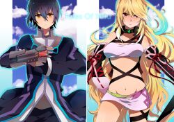  1boy akishima_kei bad_id bad_pixiv_id black_hair blonde_hair blue_hair breasts brown_eyes choker female gloves jude_mathis long_hair medium_breasts midriff milla_maxwell multicolored_hair navel red_eyes serious skirt strapless streaked_hair tales_of_(series) tales_of_xillia tube_top two-tone_hair 