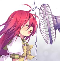  ahoge blush closed_eyes electric_fan fan_speaking fanning_face female leaning_forward long_hair lowres open_mouth profile red_hair rokushou school_uniform serafuku shakugan_no_shana shana solo sweat wavy_mouth 