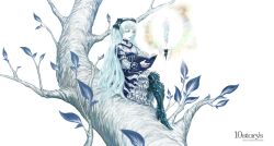  album_cover aqua_eyes aqua_hair book choker commentary_request cover dress female hatsune_miku highres in_tree long_hair nagimiso reading sitting sitting_in_tree solo tree very_long_hair vocaloid 