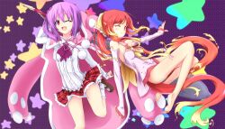  2girls bare_legs barefoot commentary_request garnet_(shukufuku_no_campanella) hair_ribbon long_hair macaron_(twinkle_crusaders) multiple_girls nagimi oerba_yun_fang photoshop_(medium) ponytail ribbon short_hair shukufuku_no_campanella side_ponytail skirt twinkle_crusaders weapon wings 