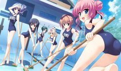  6+girls :d :o aqua_eyes ass bare_shoulders barefoot black_hair blonde_hair blue_eyes blue_hair blush braid breasts brown_hair cameltoe cleaning_brush cloud day double_bun dutch_angle empty_pool game_cg green_eyes green_hair hair_bun hair_ornament hair_ribbon hairclip highres kamiyagi_ruriko kitamikado_ayaka kitamikado_ritsuko ladder large_breasts leaning_forward long_hair looking_at_viewer multiple_girls one-piece_swimsuit open_mouth outdoors pink_hair pool pool_ladder princess_evangile purple_eyes ribbon rousen&#039;in_rise saeki_nao sagisawa_chiho school_swimsuit short_hair single_braid sky smile swimsuit water wet yamakaze_ran yanase_konomi 