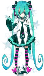  aqua_eyes aqua_hair bad_id bad_pixiv_id badge button_badge collar detached_sleeves female hatsune_miku long_hair necktie pigeon-toed shimogu shoes skirt sleeves_past_wrists solo spiked_collar spikes star_(symbol) striped_clothes striped_thighhighs thighhighs twintails very_long_hair vocaloid 