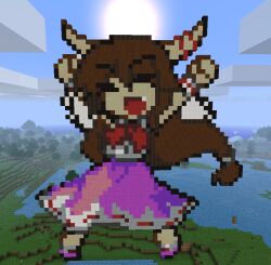  block_(object) brown_hair chains closed_eyes commentary_request fangs female game_screenshot horns ibuki_suika long_hair minecraft noob4u pixel_art ribbon self-upload skirt solo touhou touhou_ningyougeki wrist_cuffs 