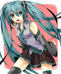  aqua_eyes aqua_hair bad_id bad_pixiv_id detached_sleeves female hatsune_miku leaning_forward long_hair necktie open_mouth skirt solo thighhighs twintails very_long_hair vocaloid wonoco0916 