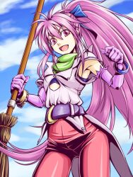  :d ahoge arche_klein broom commentary_request female gloves hair_ribbon happy high_ponytail kyo9999 long_hair open_mouth pants pink_eyes pink_hair pink_pants ponytail ribbon scarf sidelocks smile solo tales_of_(series) tales_of_phantasia wide_ponytail 