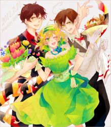  2boys :3 ahoge arm_up axis_powers_hetalia banner bare_shoulders belgium_(hetalia) birthday blonde_hair border bouquet bow bowtie brown_hair cherry choker commentary_request dessert dress flag_print flower food fruit gloves green_eyes green_hairband hair_ribbon hairband happy happy_birthday heart holding_hands ice_cream jewelry male_focus multiple_boys necklace one_eye_closed open_mouth pants ribbon southern_italy_(hetalia) spain_(hetalia) sundae tray vest waiter wakoku_nito wavy_hair 