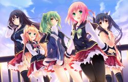  5girls 7gear :3 :o amagane_mikoto azuma_minami bad_id bad_pixiv_id black_hair black_legwear blonde_hair blue_eyes blue_sky blush bow braid brown_eyes cardigan cloud crossed_arms day fujisaki_aoi green_eyes green_hair hair_intakes hand_on_own_chest hatachi jacket long_hair looking_at_viewer looking_back multiple_girls necktie oerba_yun_fang open_mouth panties panties_under_pantyhose pantyhose pink_hair pleated_skirt ponytail school_uniform skirt sky smile standing tachibana_shinobu thigh_gap thighhighs track_jacket twintails underwear white_legwear yazawa_shion zettai_ryouiki 