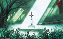  cover forest highres light_rays master_sword nature no_humans official_art official_wallpaper outdoors pedestal planted planted_sword scenery sunbeam sunlight sword the_legend_of_zelda the_legend_of_zelda:_a_link_to_the_past tree video_game_cover weapon weapon_focus 