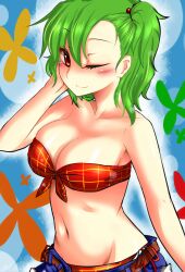  alternate_costume alternate_hairstyle belt blush breasts cleavage commentary_request female green_hair hair_ribbon hand_in_own_hair kazami_yuuka large_breasts midriff navel one_eye_closed panties red_eyes red_panties ribbon roki_(hirokix) shirt short_hair shorts side-tie_panties side_ponytail smile solo tied_shirt touhou underwear 