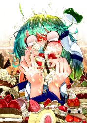  blank_eyes cake candy commentary_request cookie dessert eating female food frog fruit full_mouth grapes green_hair hair_tubes icing kochiya_sanae messy pocky sakurai_energy solo strawberry strawberry_shortcake sweets swiss_roll tears touhou wafer wafer_stick whipped_cream x_x 