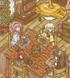  4girls bookshelf bug chair commentary_request eating food hakurei_reimu hat kaenbyou_rin komeiji_koishi komeiji_satori lamp multiple_girls plant potted_plant reiuji_utsuho room sitting spider table touhou unworn_hat unworn_headwear ys_(ytoskyoku-57) yukkuri_shiteitte_ne 