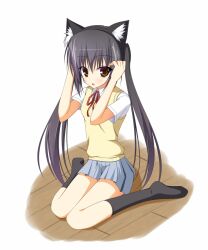  animal_ears black_hair brown_eyes cat_ears chelsea-121 commentary_request female k-on! long_hair nakano_azusa sakuragaoka_high_school_uniform school_uniform sitting solo twintails wariza 