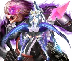  1boy armor armored_dress aura belderiver black_armor blood breasts cleavage commentary_request crown dress female glowing glowing_eyes grey_hair gwendolyn_(odin_sphere) highres large_breasts leg_wings low_wings multiple_wings odin_sphere open_mouth oswald_(odin_sphere) polearm polearm_behind_back short_hair spear strapless strapless_dress sword takebi teeth thighhighs valkyrie weapon wings zettai_ryouiki 