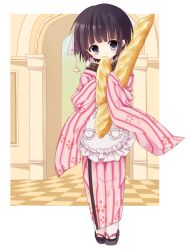  apron bad_id bad_pixiv_id baguette bandana black_hair blue_eyes bread commentary_request female food geta ikoku_meiro_no_croisee japanese_clothes kimono pink_kimono short_hair solo yukimiya_(parupunta) yune_(ikoku_meiro_no_croisee) 