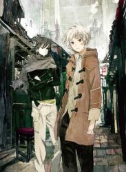  2boys building city coat crossed_arms facial_mark grey_eyes jacket male_focus multiple_boys nezumi_(no.6) no.6 official_art red_eyes road scarf shion_(no.6) shirt short_ponytail street toi8 vanishing_point white_hair 