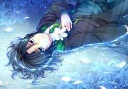  1boy afloat aged_down animification bad_id bad_pixiv_id black_hair blue_eyes commentary_request flower harry_potter_(series) hogwarts_school_uniform holding lily_(flower) lying male_focus necktie on_back petals robe school_uniform severus_snape slytherin solo sweater_vest water wet wet_clothes wizarding_world yuuna_minato 