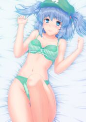  arms_up bad_anatomy blue_eyes blue_hair blush bow bow_bra bra commentary_request cucumber female floral_print green_bra green_panties hair_bobbles hair_ornament hat kawashiro_nitori lingerie lying midriff nazal on_back panties photoshop_(medium) smile solo touhou two_side_up underwear underwear_only 