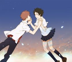  1boy bad_id bad_pixiv_id black_legwear brown_hair cloud couple eye_contact falling female holding_hands kneehighs konno_makoto looking_at_another mako_(macomaco7) mamiya_chiaki night night_sky pleated_skirt school_uniform short_hair skirt sky socks star_(sky) straight tears toki_wo_kakeru_shoujo 