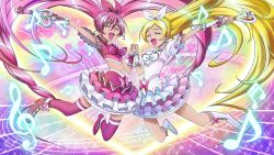  2girls beamed_eighth_notes beamed_sixteenth_notes blonde_hair boots bow choker closed_eyes colorful commentary_request cure_melody cure_melody_pose cure_rhythm eighth_note eyelashes fantastic_belltier frilled_skirt frills gensou_(mopoepei) hair_ribbon happy heart highres holding_hands houjou_hibiki jumping knee_boots light_particles light_rays lights long_hair magical_girl midriff minamino_kanade miracle_belltier multiple_girls musical_note navel open_mouth photoshop_(medium) pink_bow pink_choker pink_hair pink_wrist_cuffs precure ribbon skirt smile sparkle suite_precure symmetry thighhighs treble_clef twintails very_long_hair wand white_choker wrist_cuffs 